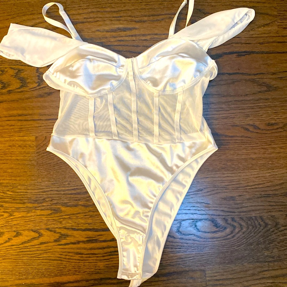 White Sexy Satin Mesh Body Suit sizes Smalll